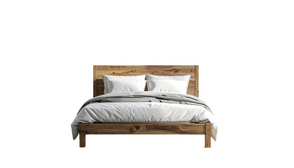 A modern, wooden bed with white linens and pillows, under a neutral blanket
