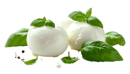 Creamy white balls of fresh cheese adorned with bright green basil leaves