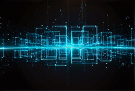 A futuristic digital landscape of glowing blue wireframe cubes and data streams against a dark background, evoking advanced technology, virtual reality, or cybernetic architecture.