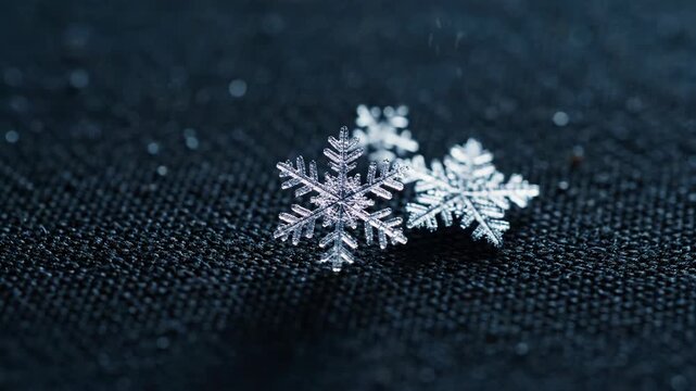 Two detailed snowflakes rest on a dark textured surface, with a shallow depth of field and subtle bluish tones