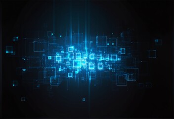 A futuristic digital network of glowing blue squares and lines against a dark background, symbolizing data flow, connectivity, or cyber technology.