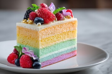 Single slice of layered colorful sponge cake garnished with fresh berries and edible flower details sits on a white plate.
