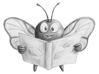 Adorable butterfly reading a book isolated on transparent background in pencil drawing style