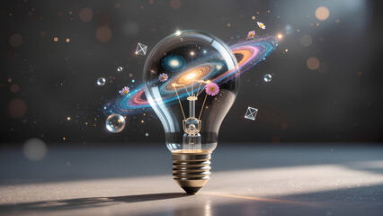 A photo of an AI-created bulb containing a galaxy, stars, and flowers, blending cosmic beauty with nature in a surreal and imaginative light design
