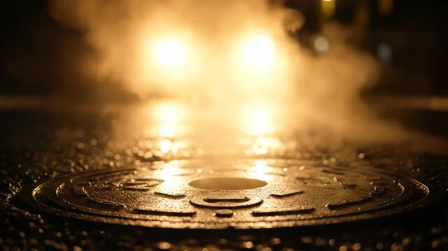 Steaming manhole cover with blurred lights behind