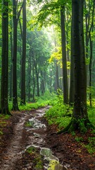 Forest with patches of bare soil between tree trunks after recent light rain in early summer morning