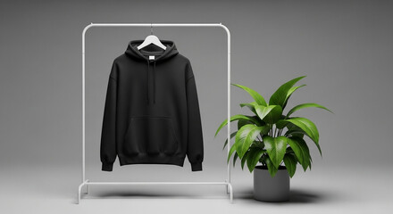 Black Hoodie Mockup on Rack with Plant, Stylish Apparel Display for Online Stores