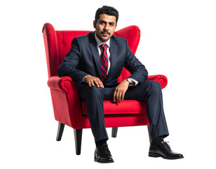 Confident man in a navy suit sits relaxed in a red armchair against a black background