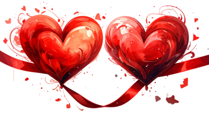 Two red hearts interconnected with a swirling ribbon, set against a backdrop of delicate heart accents on black