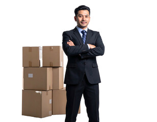 Confident man in suit poses beside a stack of cardboard boxes against a solid black background, looking at the camera