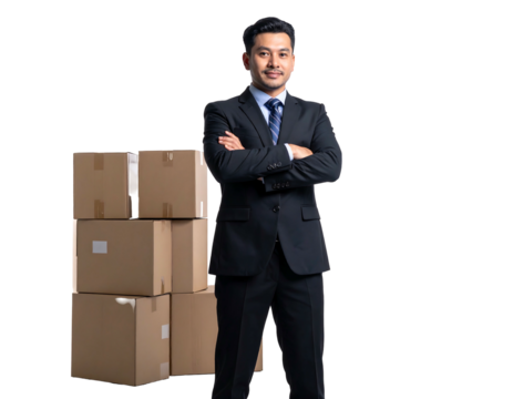 Confident man in suit poses beside a stack of cardboard boxes against a solid black background, looking at the camera