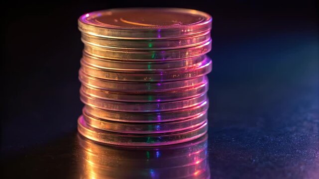 Coin stack metal edge reflection neon colorful finance stack of coin edge with reflective neon lighting creating colorful glow and financial concept