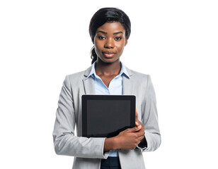 Confident woman holding a tablet, wearing a grey blazer and light blue shirt against a dark, solid background