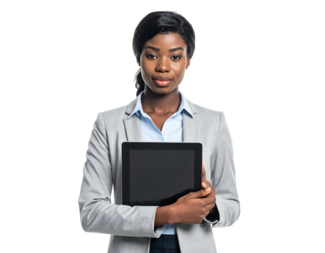 Confident woman holding a tablet, wearing a grey blazer and light blue shirt against a dark, solid background - Powered by Adobe