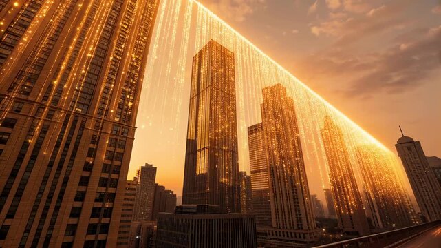 Golden city skyline sunset glow over downtown highrise skyscraper facades with cascading light effects creating warm dramatic urban atmosphere
