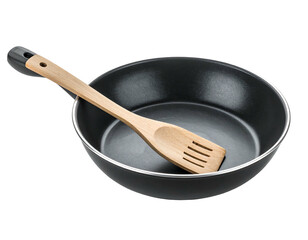 Cookware display A black non-stick frying pan with a wooden slotted spatula inside on black