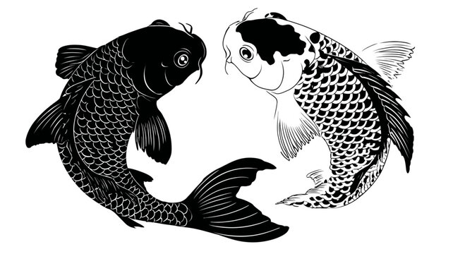 Elegant Yin Yang Koi Fish Illustration. Black and white stylized vector art depicting balance, harmony, and duality in Japanese style.