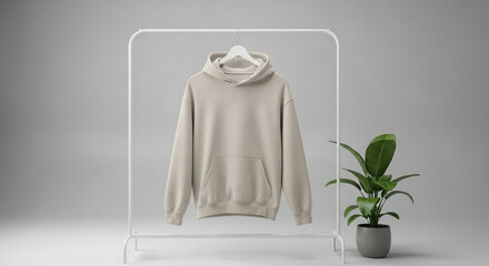 Blank beige hooded sweatshirt mockup hanging on a white garment rack in a minimalist studio setting, perfect for apparel design showcase, product branding, and e-commerce visuals with ample copy space