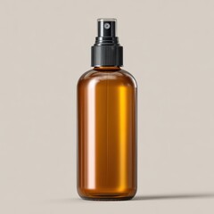 Fototapeta premium Amber glass spray bottle with black atomizer against a neutral background