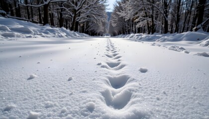 Tranquil Winter Landscape With Footprints On A Snow-Covered Path In A Forest