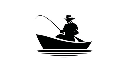 Silhouette illustration of a fisherman in a hat on a boat with a fishing rod, casting lines in water, outdoor recreation activity
