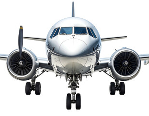 Aircraft facing front, shiny silver, with detailed engines and cockpit view, isolated on solid black background