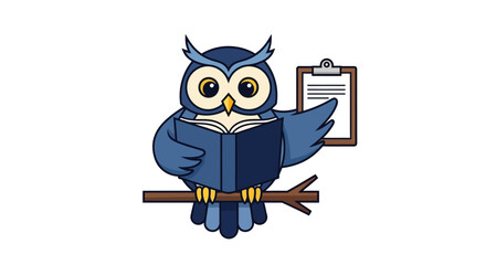 Fototapeta premium Cute cartoon owl reading a book on a branch with a clipboard.
