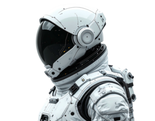 Sci-fi astronaut in a detailed white space suit against a black background, side view