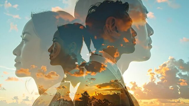 Double exposure portrait of diverse human profiles against a vibrant sunset, symbolizing profound connection, introspection, and the harmonious blend of humanity with the natural world