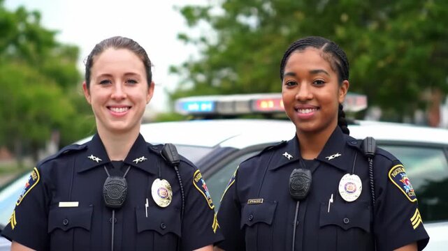 Portrait of Two Diverse Female Police Officers Smiling and Standing Proudly in Front of Patrol Car Conveying Professional Strength, Approachability, and Community Trust