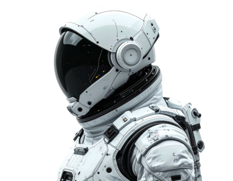 Sci-fi astronaut in a detailed white space suit against a black background, side view - Powered by Adobe