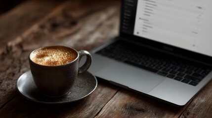 A cup of frothy coffee rests beside an open laptop on a rustic wooden table