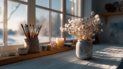 Aesthetic arrangement of dried flowers in a ceramic vase on a sunlit windowsill, surrounded by art supplies and candles, creating a serene and inspiring workspace atmosphere