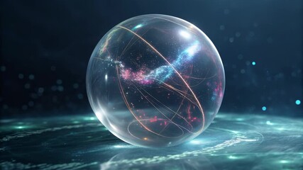 Transparent glass orb glowing with delicate light filament cosmic dust floating above shimmer water ethereal futuristic design glowing galaxy inside - Powered by Adobe