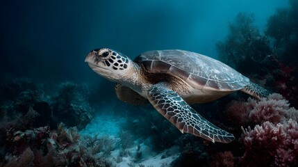 A green sea turtle swims gracefully over a colorful coral reef in the deep blue ocean