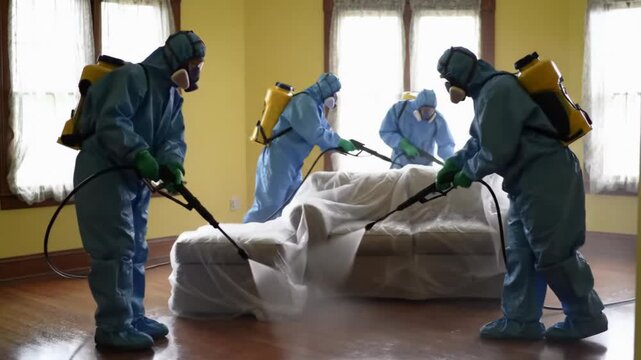 Professional Decontamination Team Workers in Protective Suits and Respirator Masks Disinfecting, Sanitizing, and Cleaning Living Room with Covered Furniture Using Spray Equipment