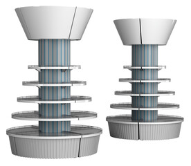 Supermarket five-tier round display racks with slatwall central part. 3d illustration transparent background