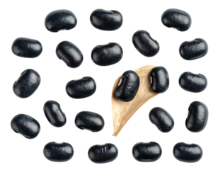 Shiny, black beans scattered around a light tan, textured hull fragment on a stark black backdrop