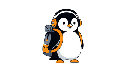 Cute cartoon penguin wearing headphones and backpack ready for adventure.