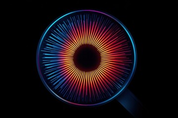 Glowing, multicolored radial pattern radiates outward from a dark central aperture against a black background