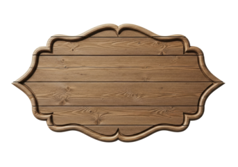 Ornate empty wooden sign with carved scalloped border, rich brown aged wood grain, and horizontal planks, isolated on transparent studio background with bright, even light, concept of a clean slate
