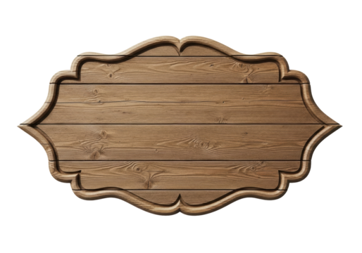 Ornate empty wooden sign with carved scalloped border, rich brown aged wood grain, and horizontal planks, isolated on transparent studio background with bright, even light, concept of a clean slate