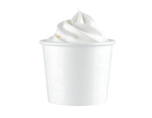 Creamy, swirled soft serve ice cream in a white paper cup, isolated on a black background