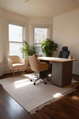 Fototapeta premium Modern home office interior with sunlight and green plants