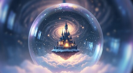 Enchanted Fairytale Castle on Floating Island in Cosmic Bubble with Swirling Galaxy and Ethereal Clouds