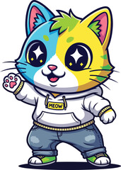 adorable colorful cat cartoon character in modern hoodie outfit