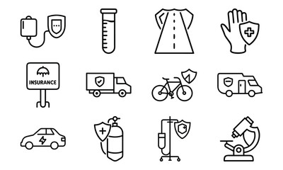 Medical and Vehicle Insurance Line Icons – Health, Auto, Life, and Safety Protection Outline Vector Icon Set for Insurance, Hospital, and Business Design