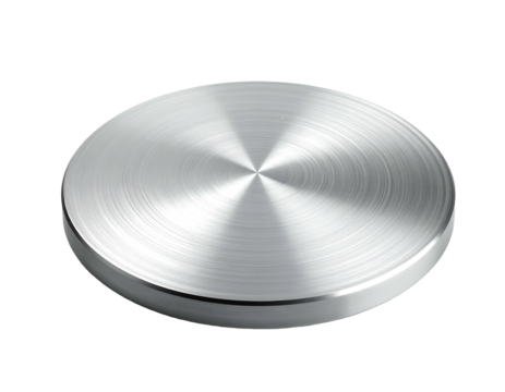 Shiny, silver, flat disk with a circular brushed metal texture against a dark backdrop, angled slightly