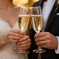 Wedding couple toasting champagne glasses romantic celebration sparkling wine bubbles closeup special moment bride groom love elegant classic attire.
