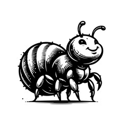 A smiling, cartoon ant illustration, rendered in black and white, with detailed shading.